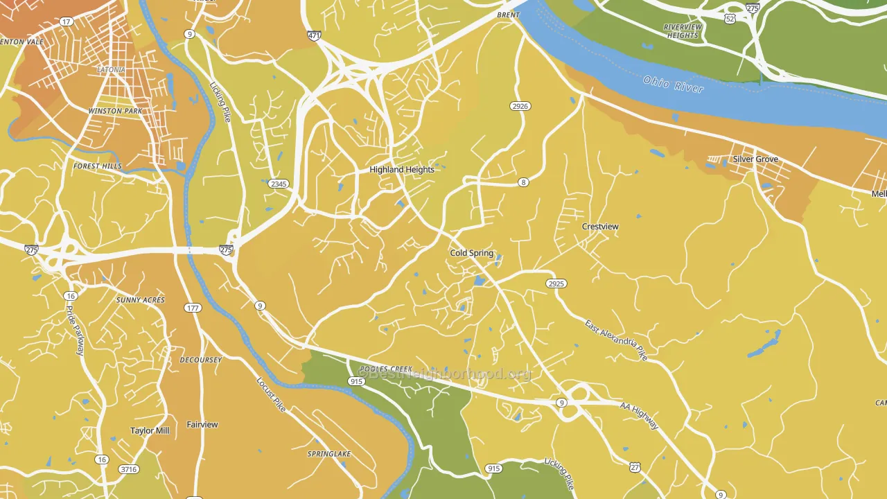 Map of the best neighborhoods in the 41076 area, with better matches in green and worse matches in red