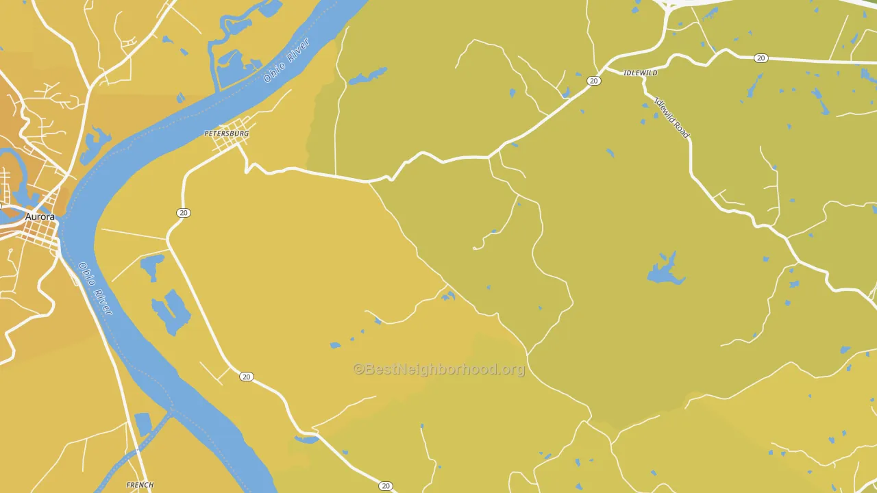 Map of the best neighborhoods in the 41080 area, with better matches in green and worse matches in red