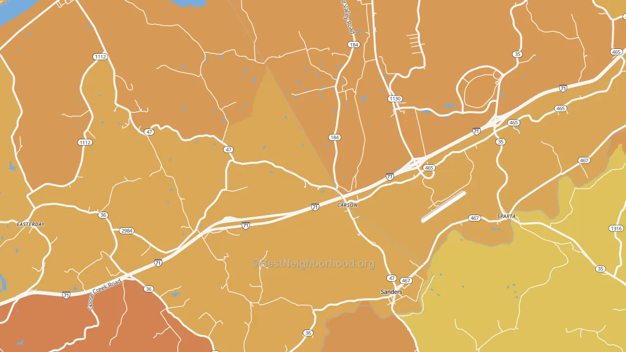Map of the best neighborhoods in the 41083 area, with better matches in green and worse matches in red