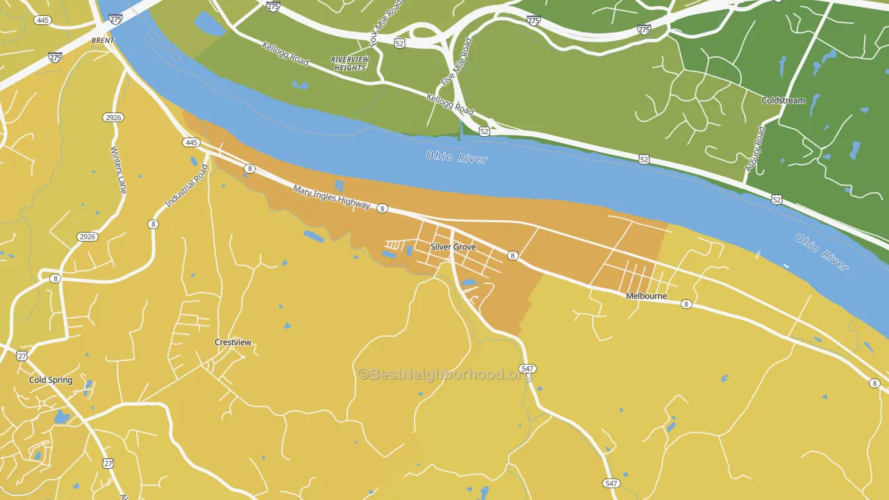 Map of the best neighborhoods in the 41085 area, with better matches in green and worse matches in red
