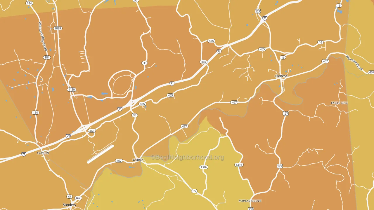 Map of the best neighborhoods in the 41086 area, with better matches in green and worse matches in red