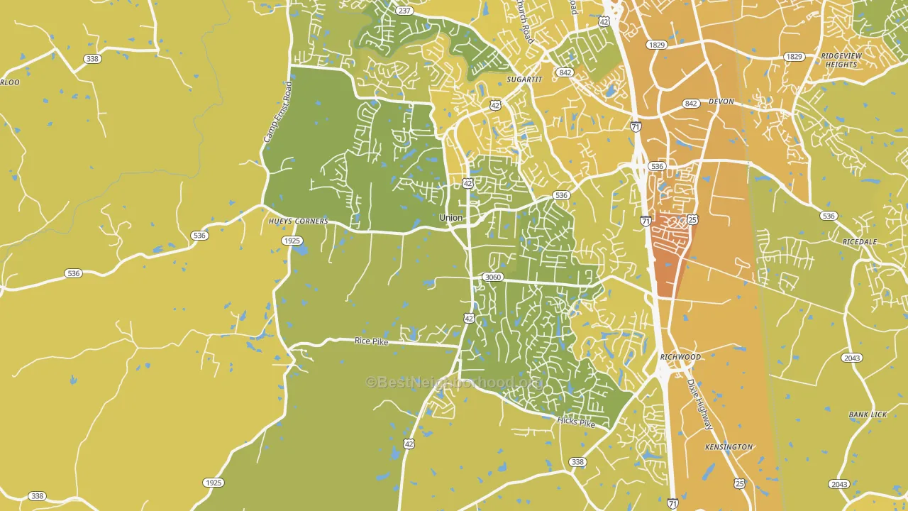 Map of the best neighborhoods in the 41091 area, with better matches in green and worse matches in red