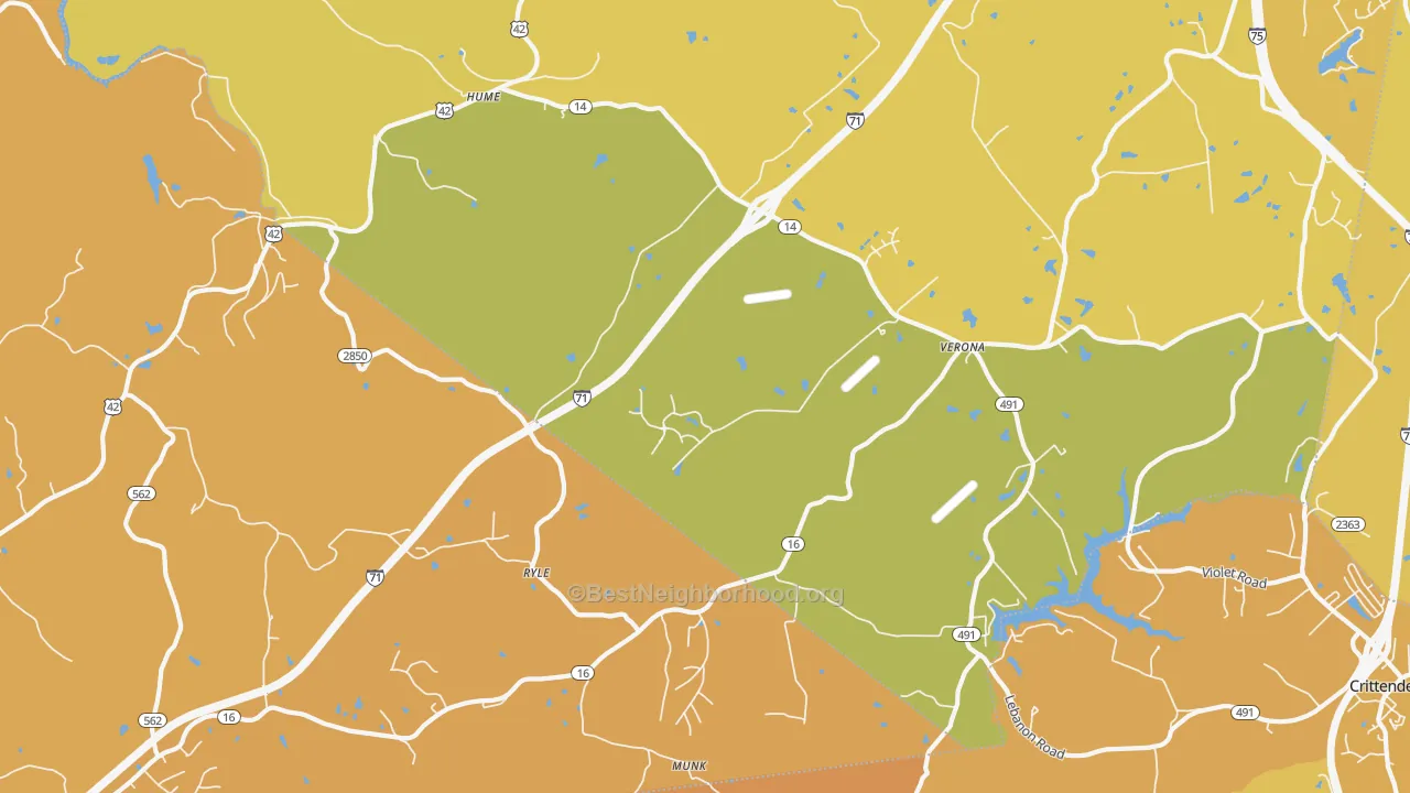 Map of the best neighborhoods in the 41092 area, with better matches in green and worse matches in red