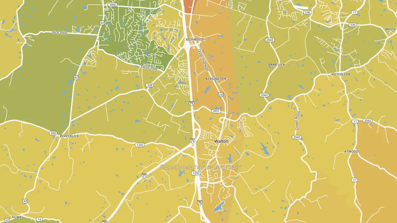 Map of the best neighborhoods in the 41094 area, with better matches in green and worse matches in red