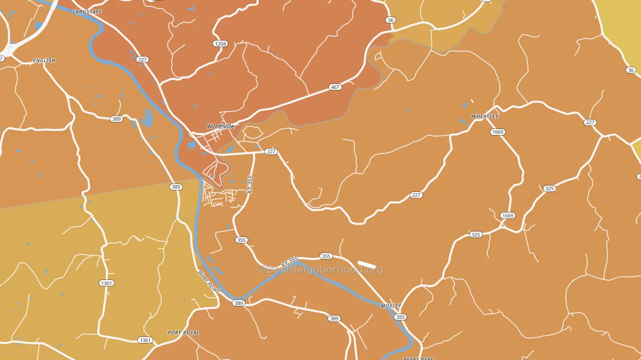 Map of the best neighborhoods in the 41098 area, with better matches in green and worse matches in red