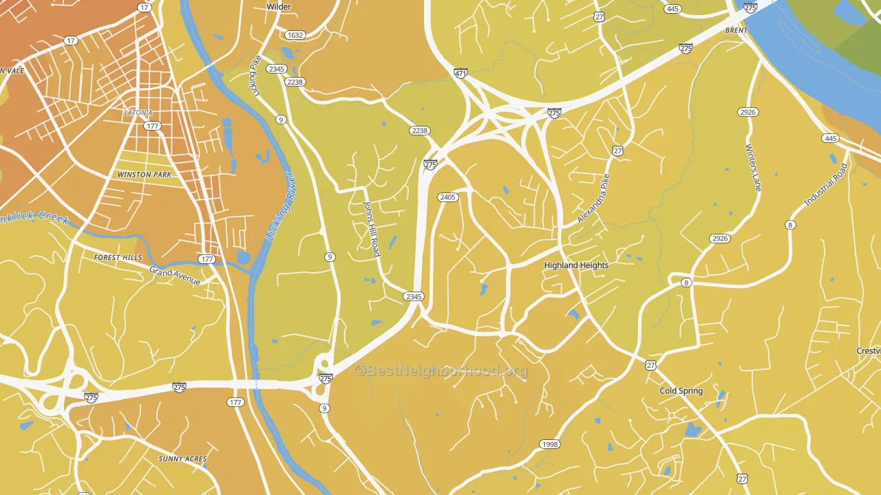 Map of the best neighborhoods in the 41099 area, with better matches in green and worse matches in red