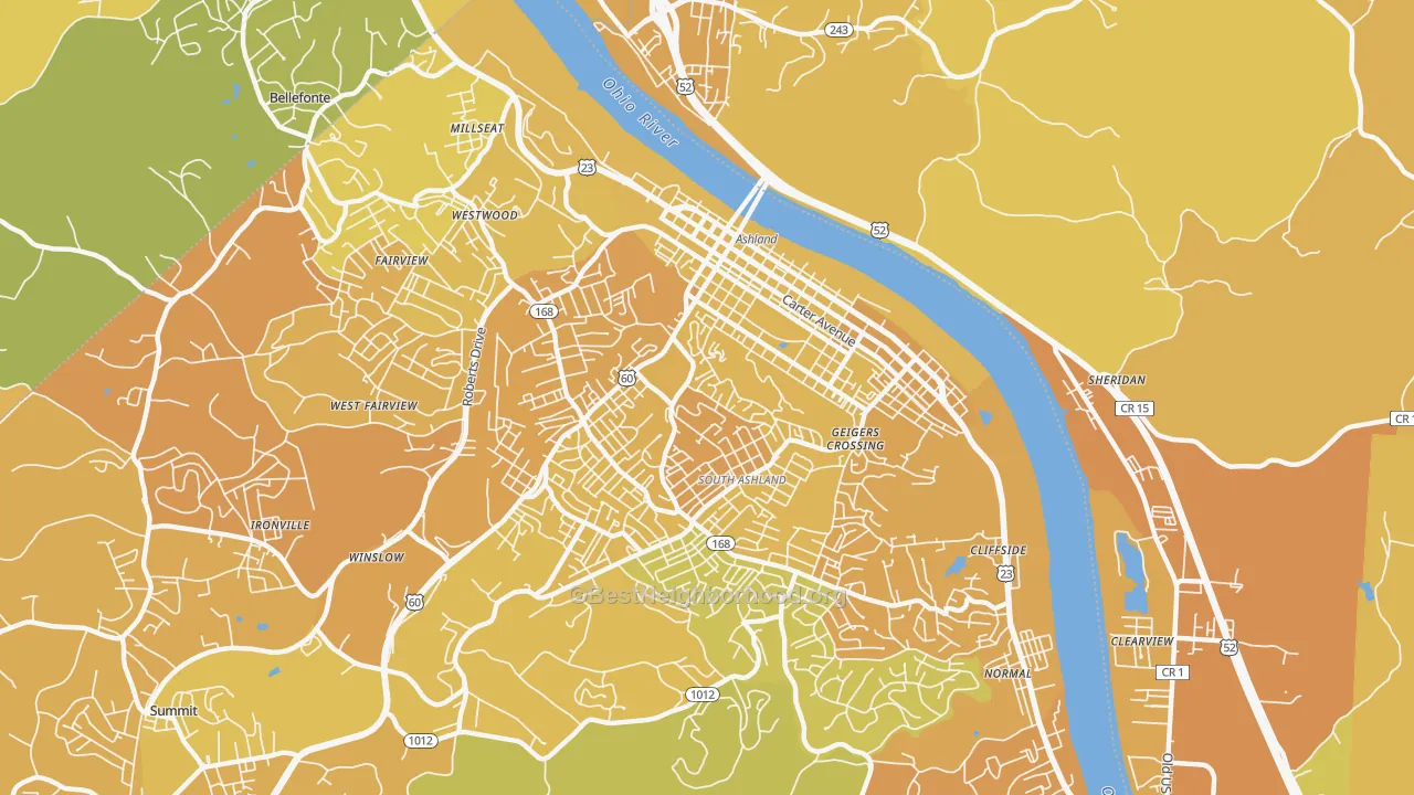 Map of the best neighborhoods in the 41101 area, with better matches in green and worse matches in red