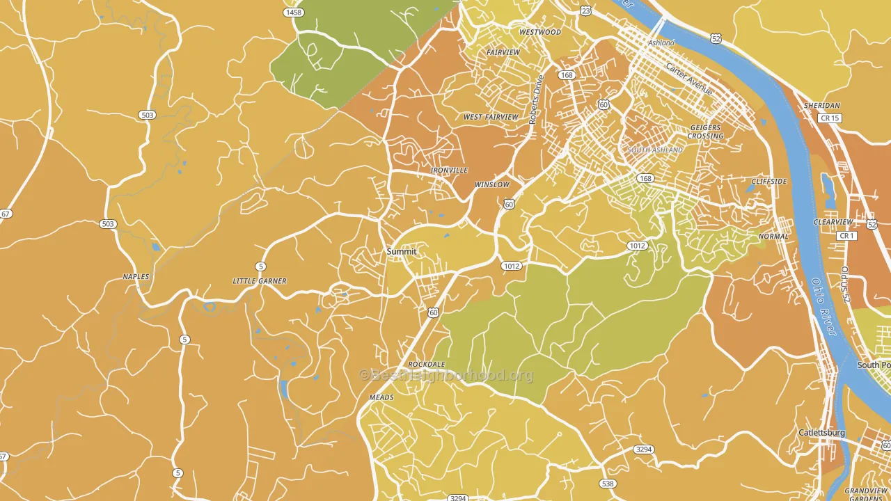 Map of the best neighborhoods in the 41102 area, with better matches in green and worse matches in red