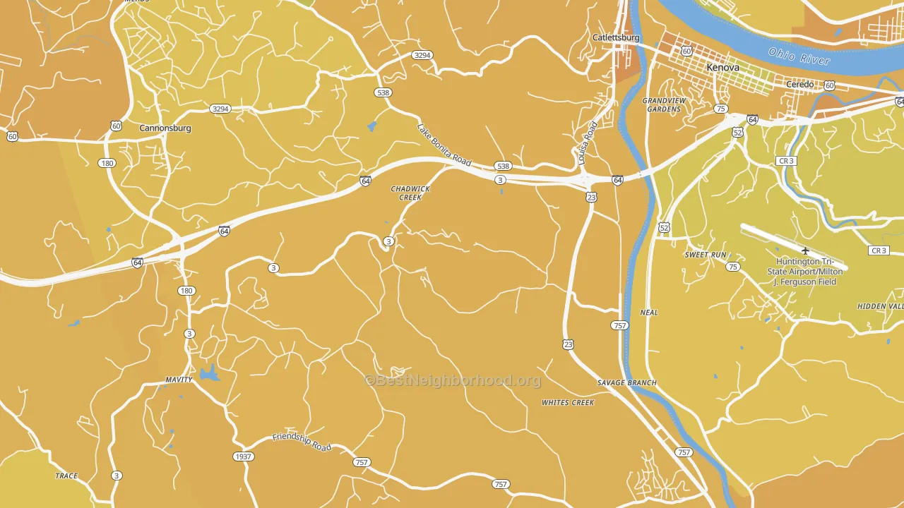 Map of the best neighborhoods in the 41129 area, with better matches in green and worse matches in red