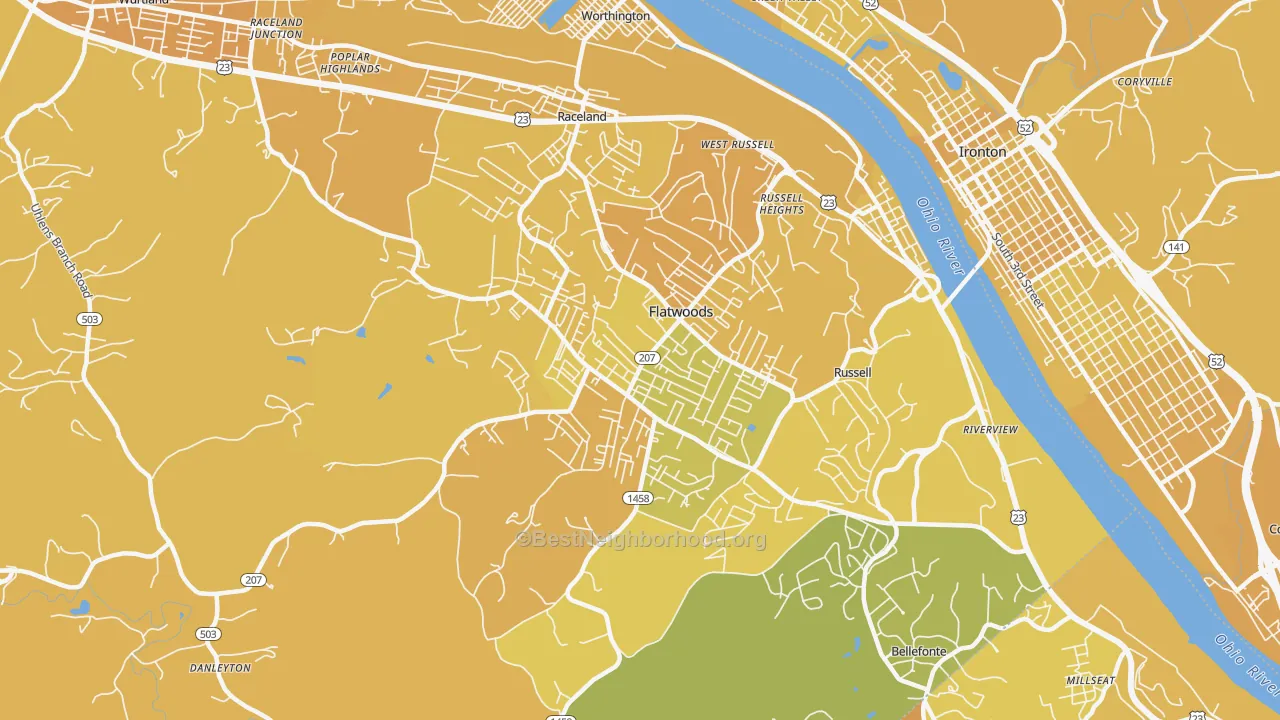 Map of the best neighborhoods in the 41139 area, with better matches in green and worse matches in red