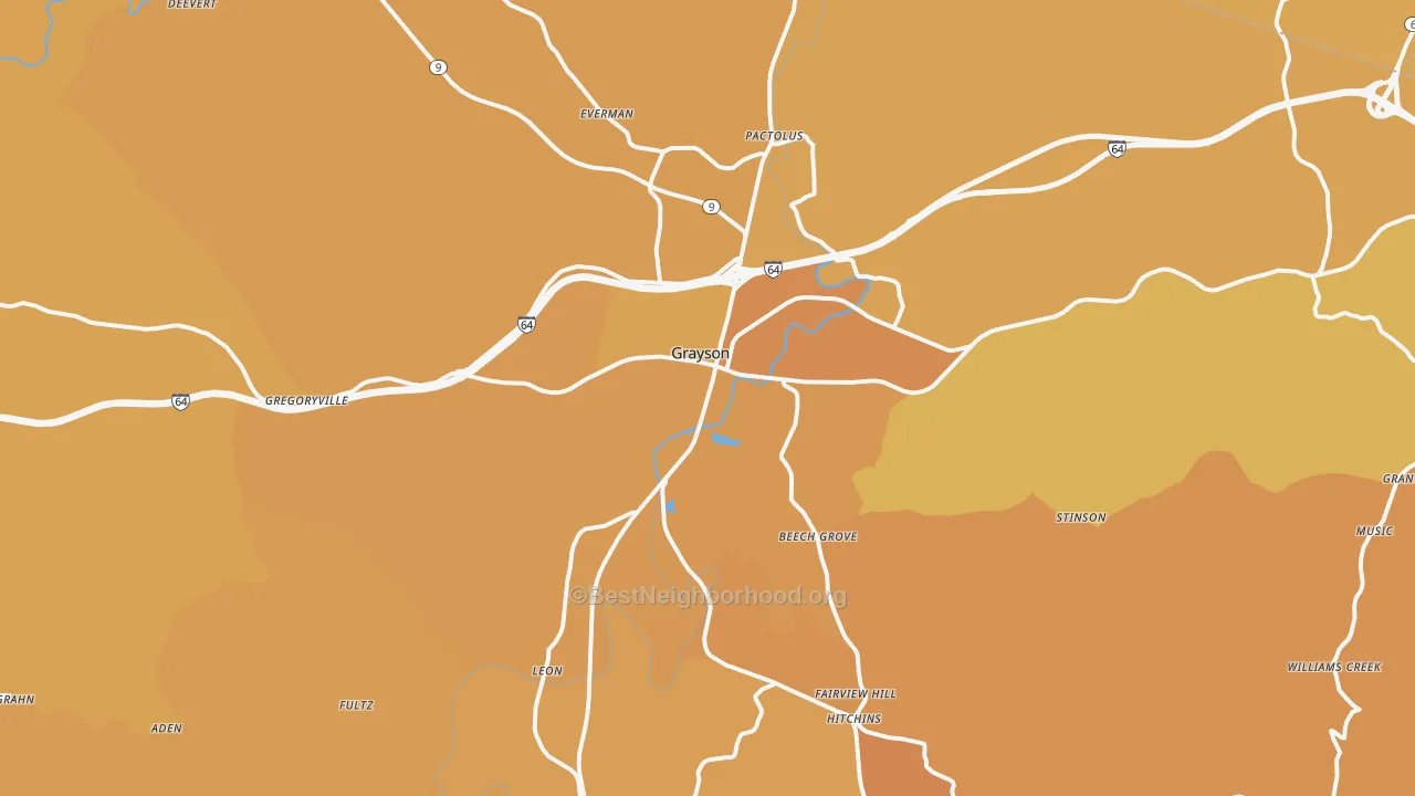 Map of the best neighborhoods in the 41143 area, with better matches in green and worse matches in red