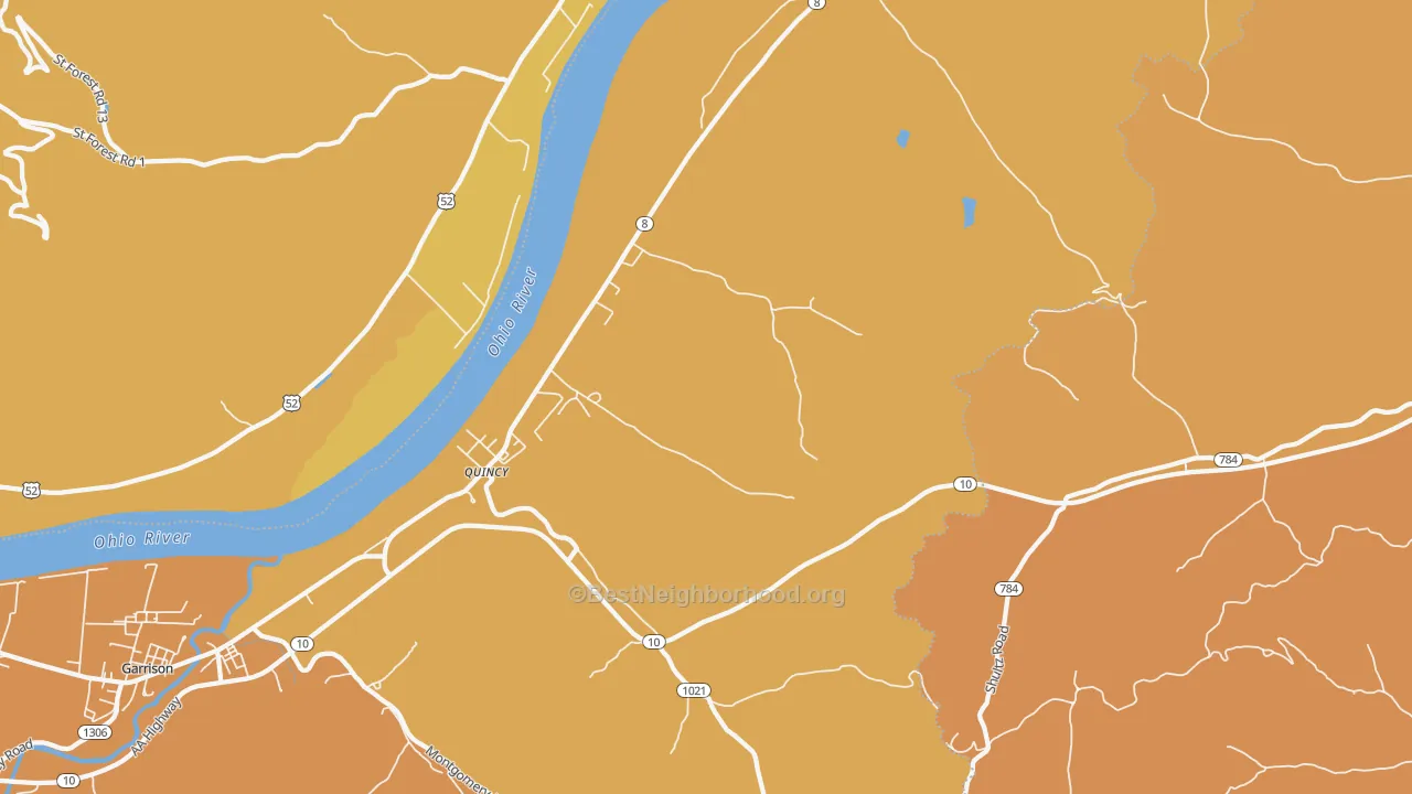 Map of the best neighborhoods in the 41166 area, with better matches in green and worse matches in red