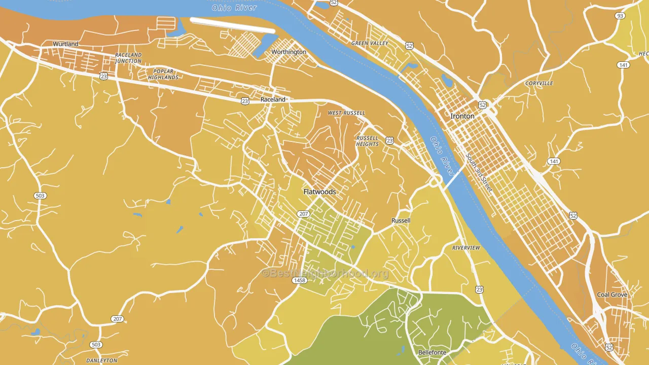 Map of the best neighborhoods in the 41169 area, with better matches in green and worse matches in red