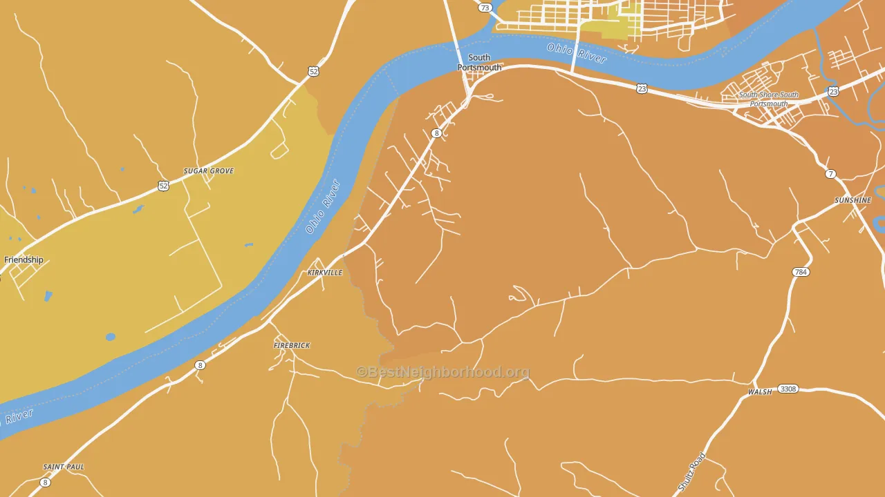 Map of the best neighborhoods in the 41174 area, with better matches in green and worse matches in red