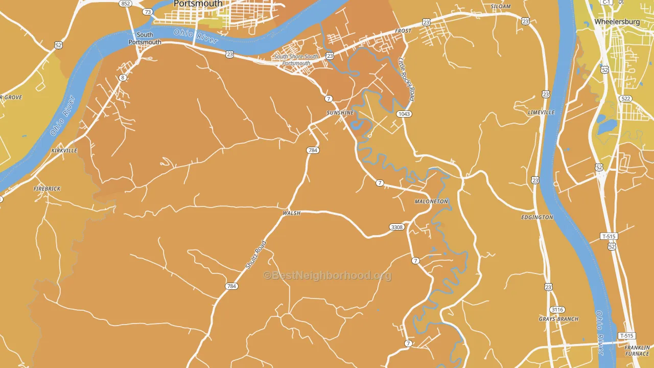 Map of the best neighborhoods in the 41175 area, with better matches in green and worse matches in red