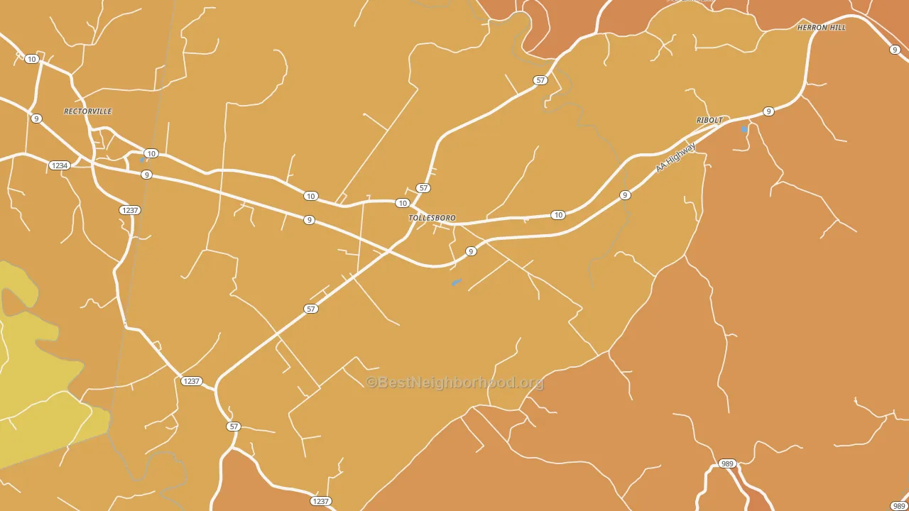 Map of the best neighborhoods in the 41189 area, with better matches in green and worse matches in red