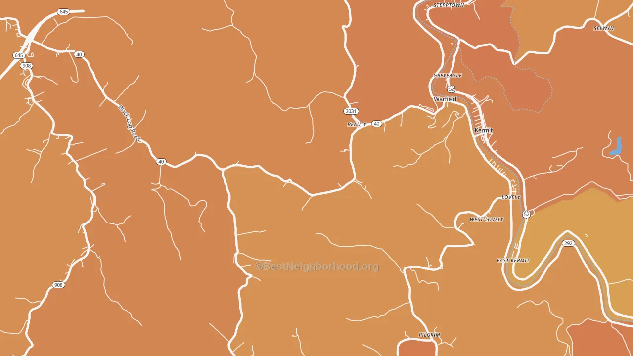 Map of the best neighborhoods in the 41203 area, with better matches in green and worse matches in red