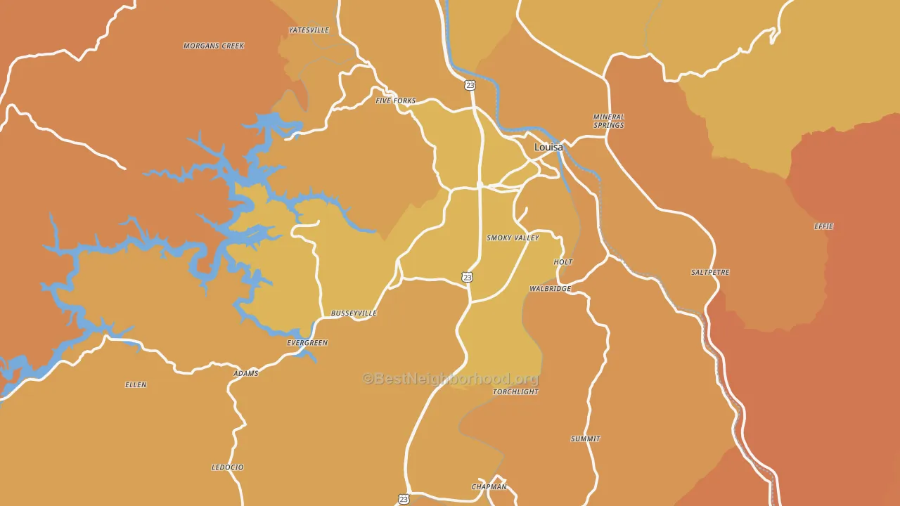 Map of the best neighborhoods in the 41230 area, with better matches in green and worse matches in red