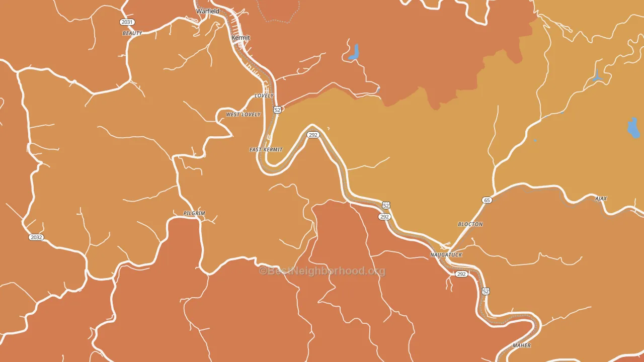 Map of the best neighborhoods in the 41231 area, with better matches in green and worse matches in red