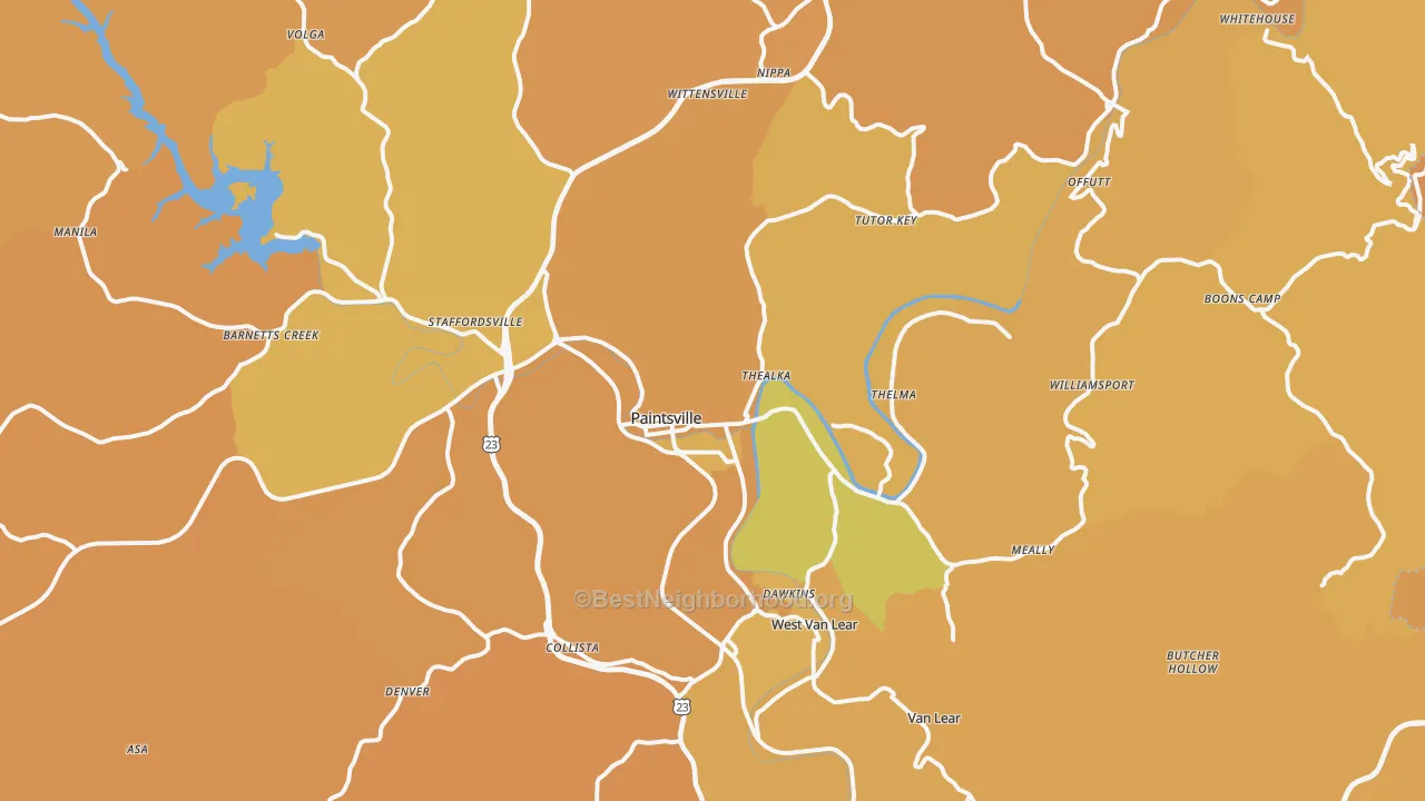 Map of the best neighborhoods in the 41240 area, with better matches in green and worse matches in red