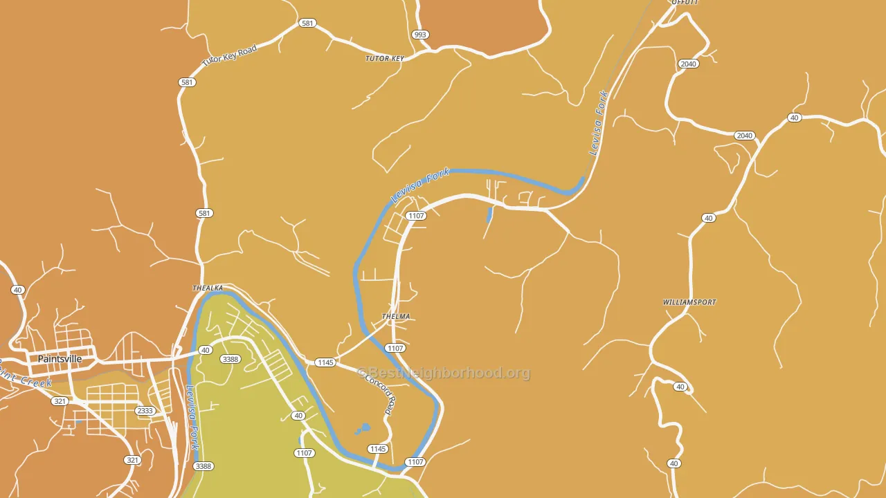 Map of the best neighborhoods in the 41260 area, with better matches in green and worse matches in red