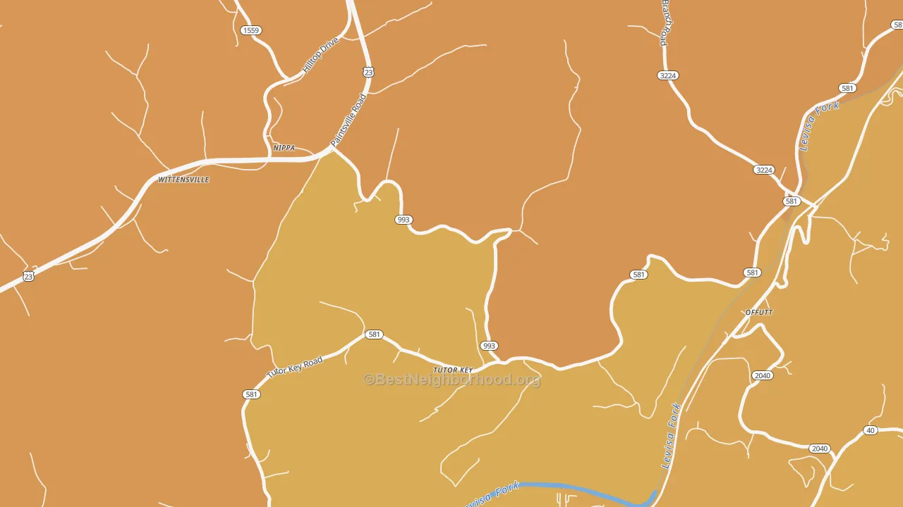 Map of the best neighborhoods in the 41263 area, with better matches in green and worse matches in red