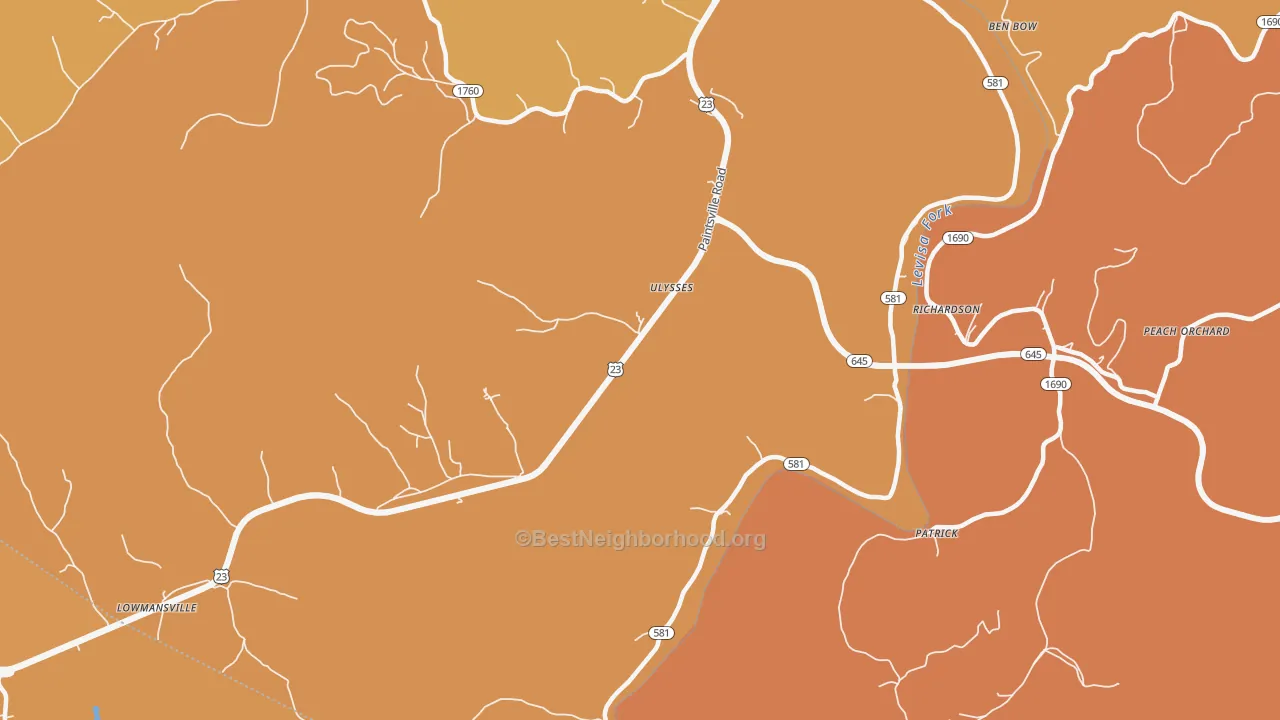 Map of the best neighborhoods in the 41264 area, with better matches in green and worse matches in red