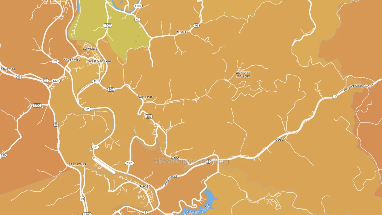 Map of the best neighborhoods in the 41265 area, with better matches in green and worse matches in red
