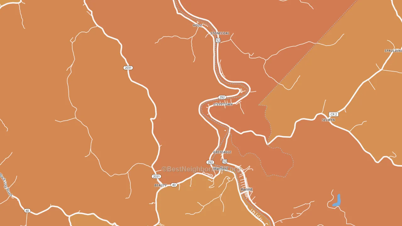 Map of the best neighborhoods in the 41267 area, with better matches in green and worse matches in red