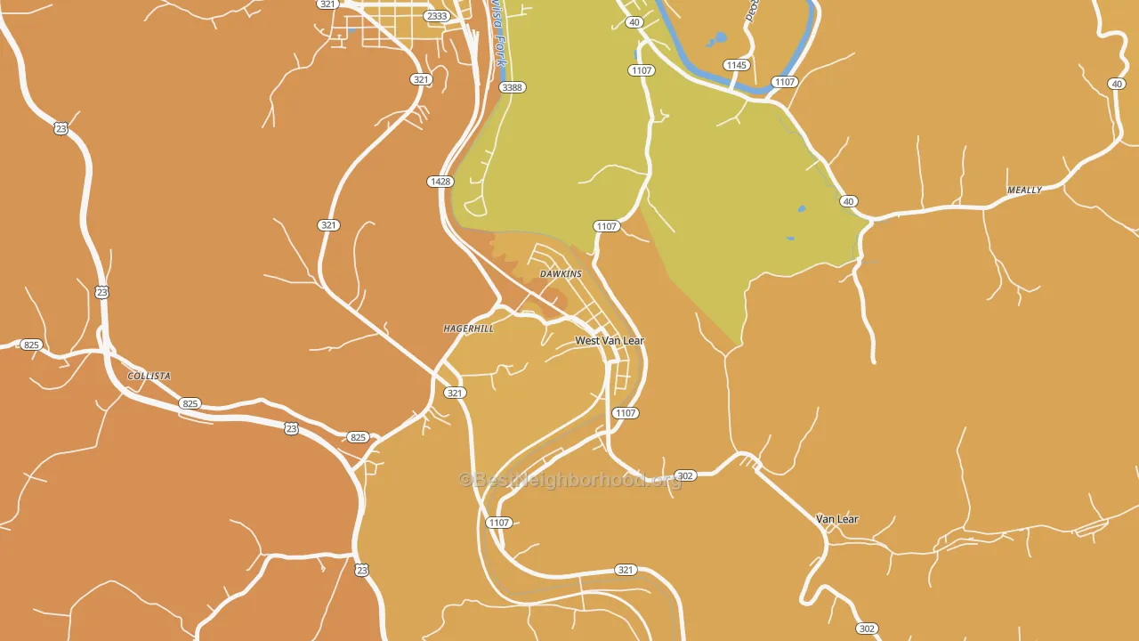 Map of the best neighborhoods in the 41268 area, with better matches in green and worse matches in red