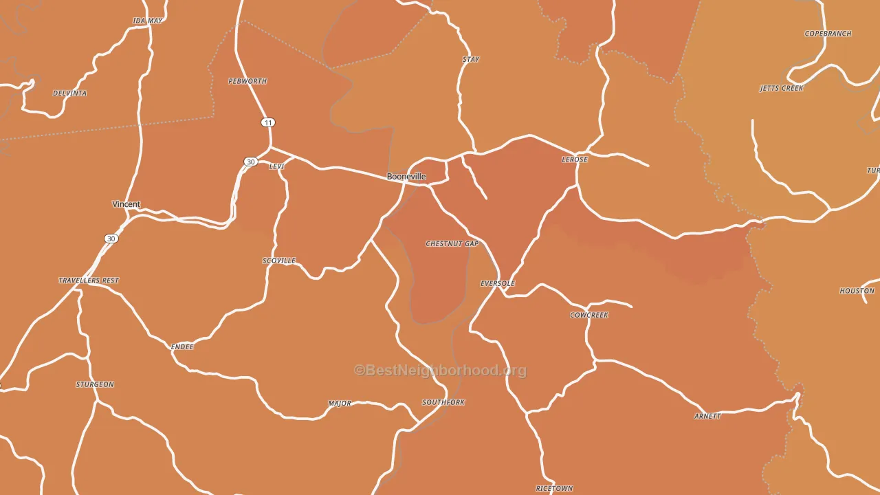 Map of the best neighborhoods in the 41314 area, with better matches in green and worse matches in red