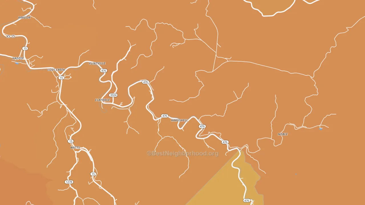Map of the best neighborhoods in the 41317 area, with better matches in green and worse matches in red