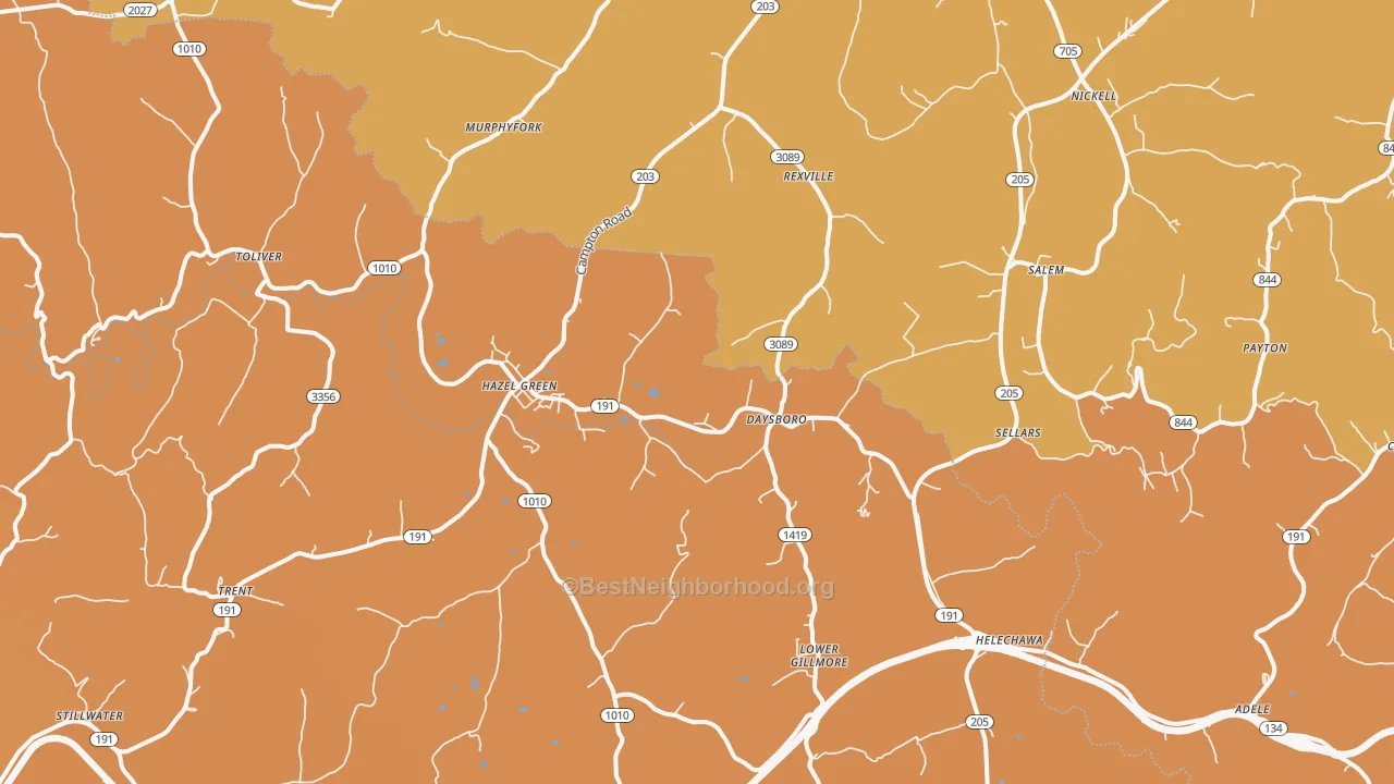 Map of the best neighborhoods in the 41332 area, with better matches in green and worse matches in red