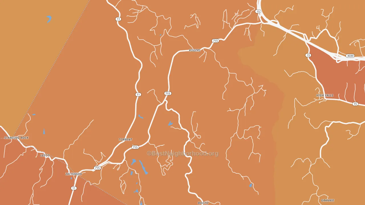 Map of the best neighborhoods in the 41365 area, with better matches in green and worse matches in red