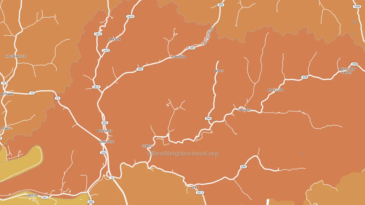 Map of the best neighborhoods in the 41385 area, with better matches in green and worse matches in red