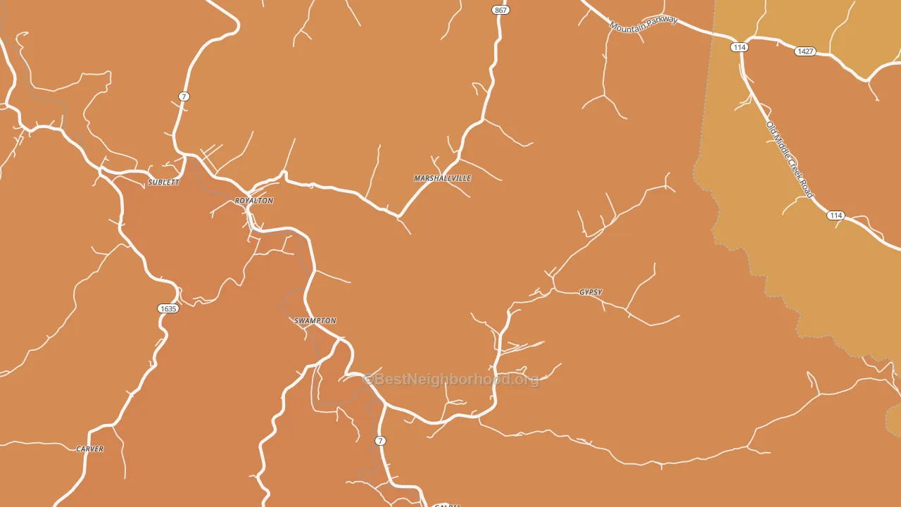 Map of the best neighborhoods in the 41464 area, with better matches in green and worse matches in red