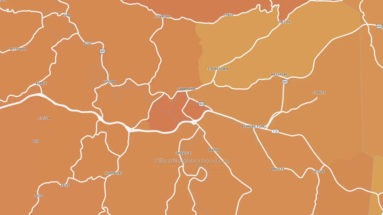 Map of the best neighborhoods in the 41465 area, with better matches in green and worse matches in red