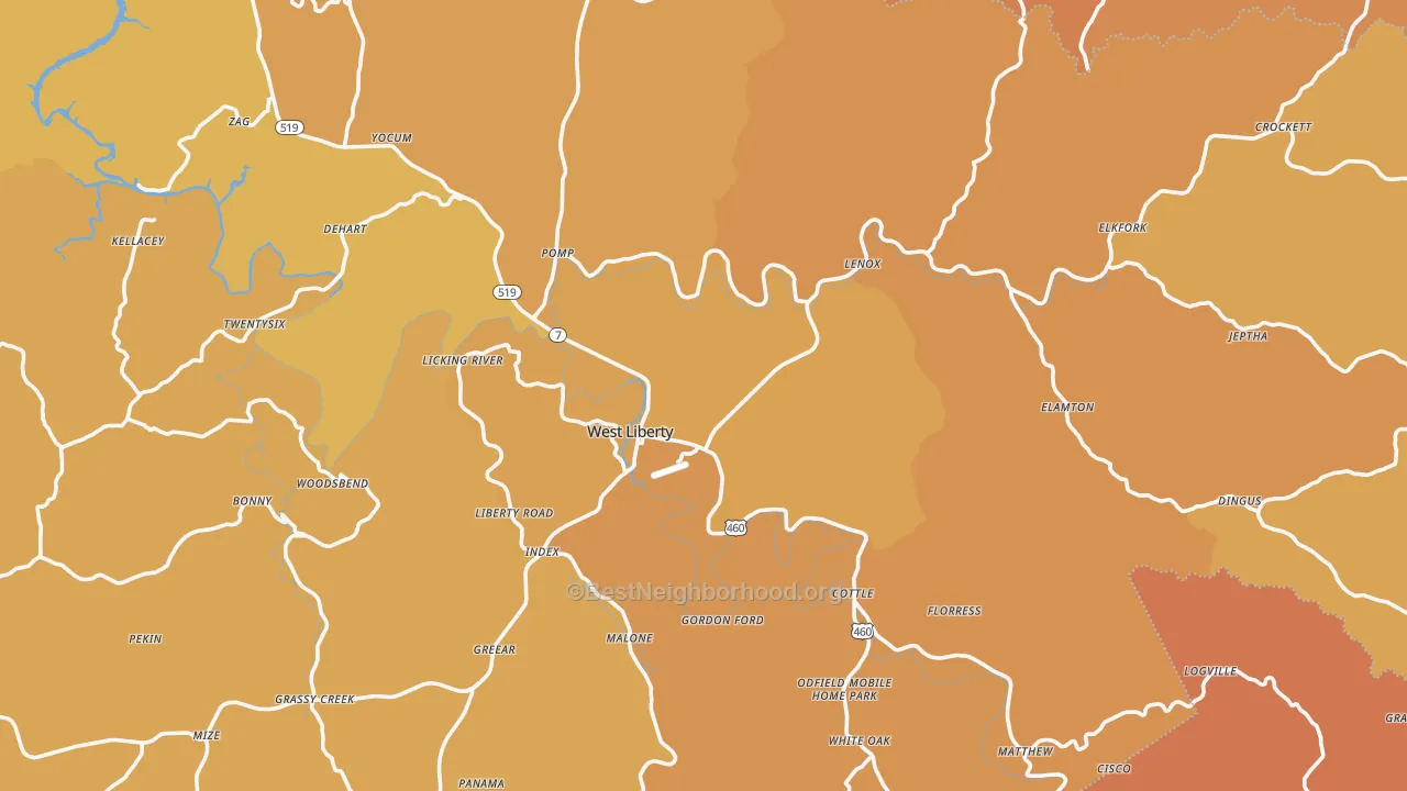 Map of the best neighborhoods in the 41472 area, with better matches in green and worse matches in red