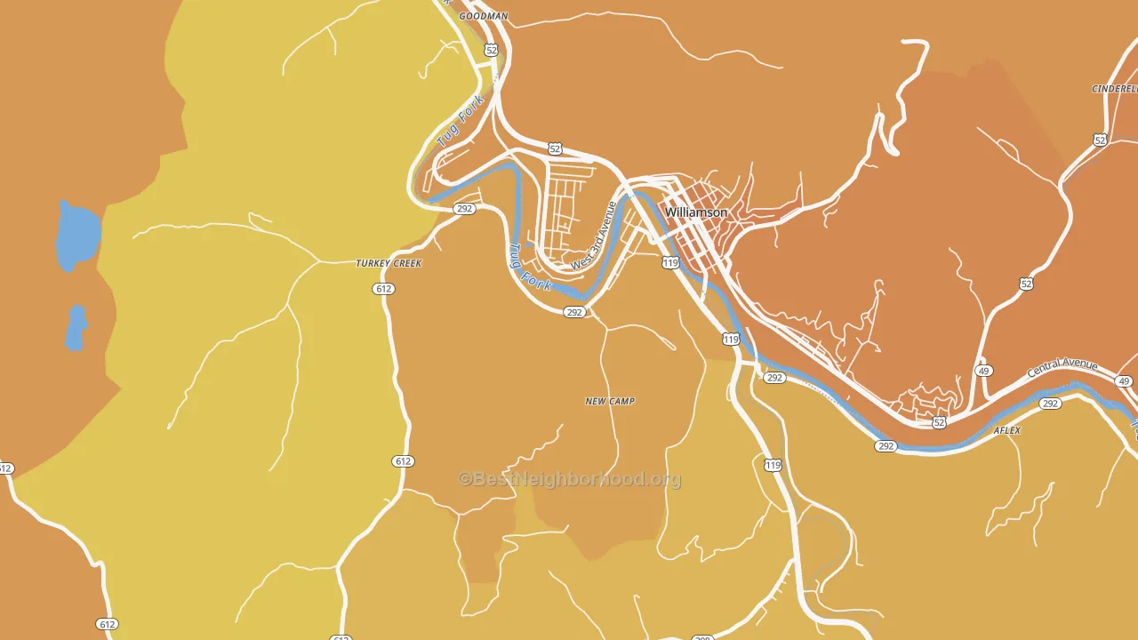 Map of the best neighborhoods in the 41503 area, with better matches in green and worse matches in red