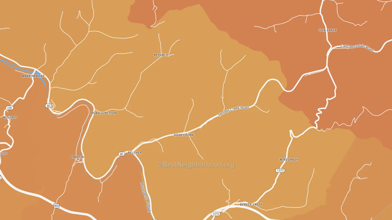 Map of the best neighborhoods in the 41513 area, with better matches in green and worse matches in red
