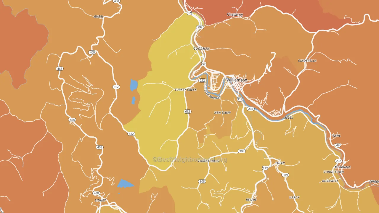 Map of the best neighborhoods in the 41514 area, with better matches in green and worse matches in red