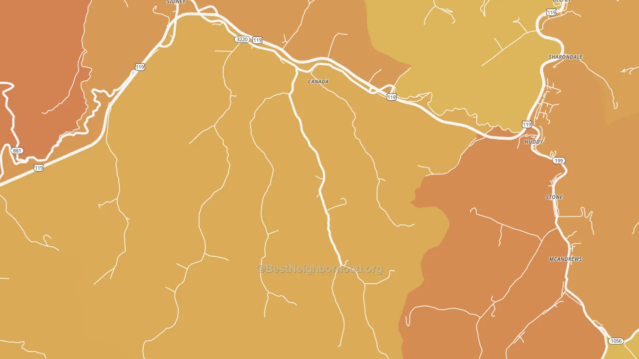 Map of the best neighborhoods in the 41519 area, with better matches in green and worse matches in red