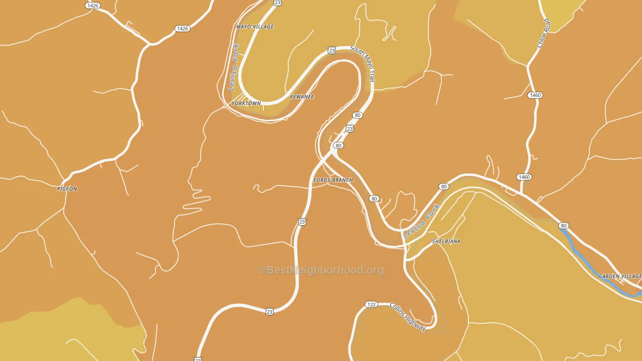 Map of the best neighborhoods in the 41526 area, with better matches in green and worse matches in red