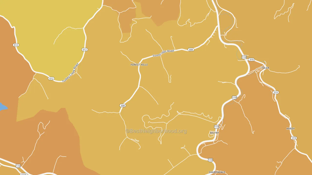 Map of the best neighborhoods in the 41527 area, with better matches in green and worse matches in red