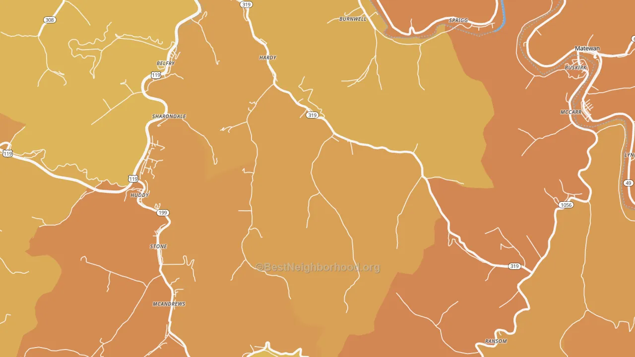 Map of the best neighborhoods in the 41531 area, with better matches in green and worse matches in red