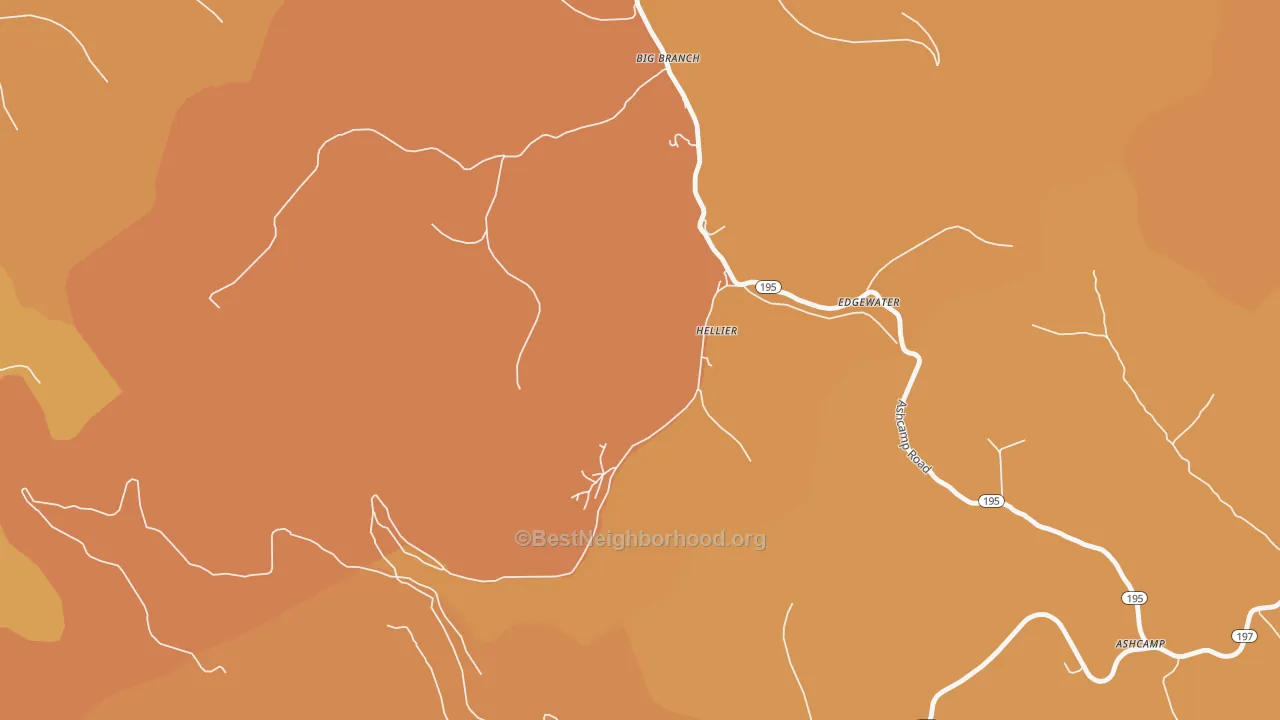 Map of the best neighborhoods in the 41534 area, with better matches in green and worse matches in red