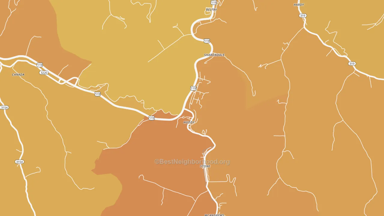 Map of the best neighborhoods in the 41535 area, with better matches in green and worse matches in red