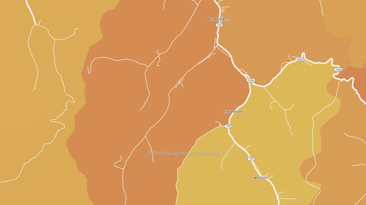 Map of the best neighborhoods in the 41543 area, with better matches in green and worse matches in red
