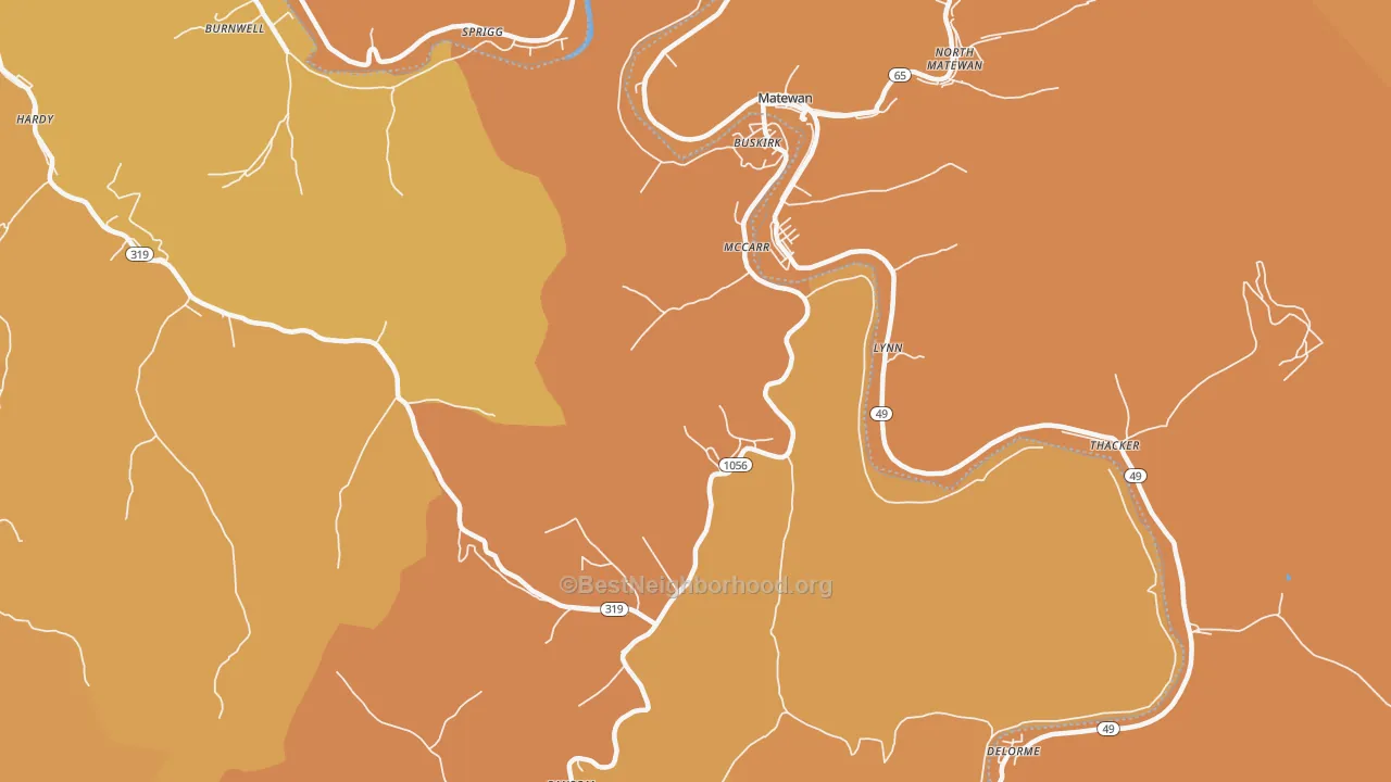 Map of the best neighborhoods in the 41544 area, with better matches in green and worse matches in red
