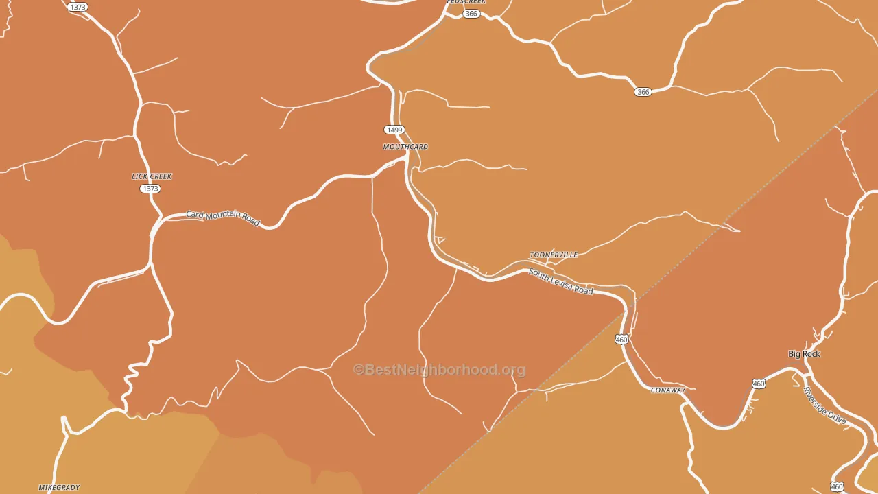 Map of the best neighborhoods in the 41548 area, with better matches in green and worse matches in red